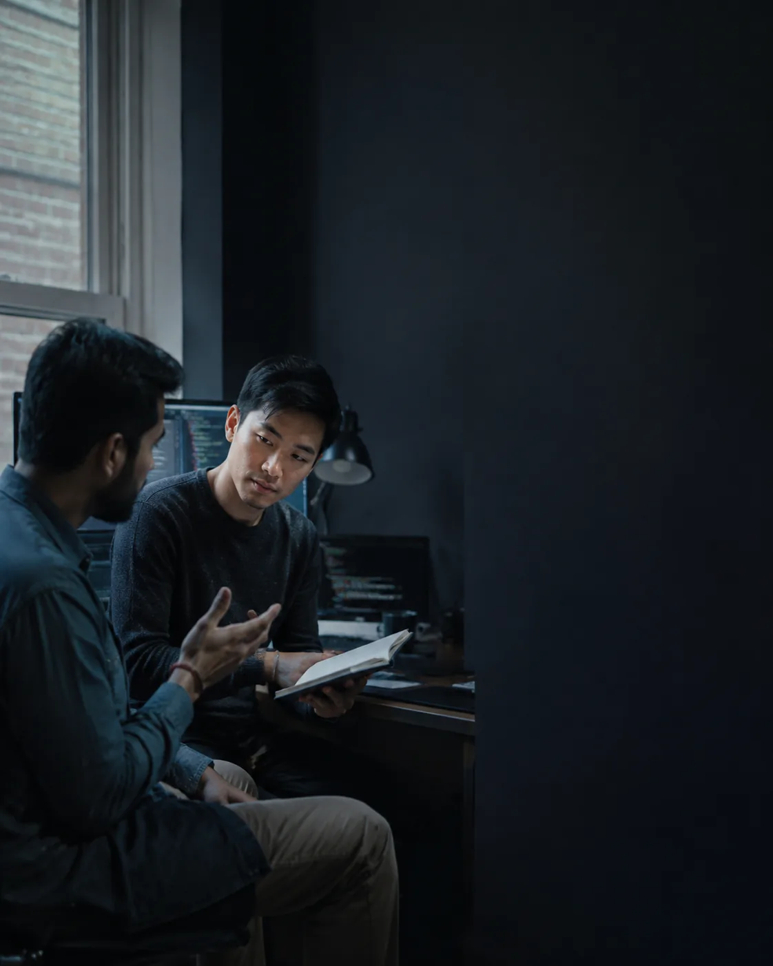 Two colleagues in a genuine project conversation at a desk, one gesturing while the other reviews a notebook.