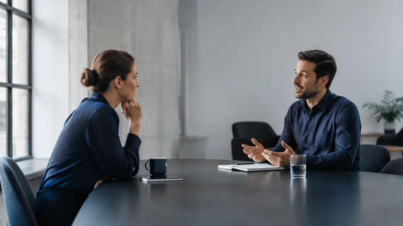 Two people in a genuine discovery conversation across a table in a bright meeting room.