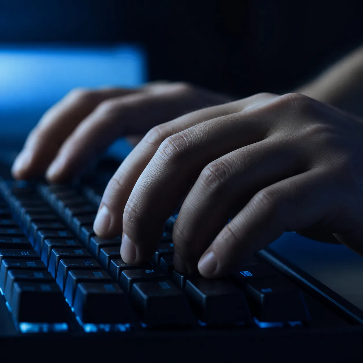 Close-up of hands typing on a keyboard under cool monitor light, representing careful engineering craft.