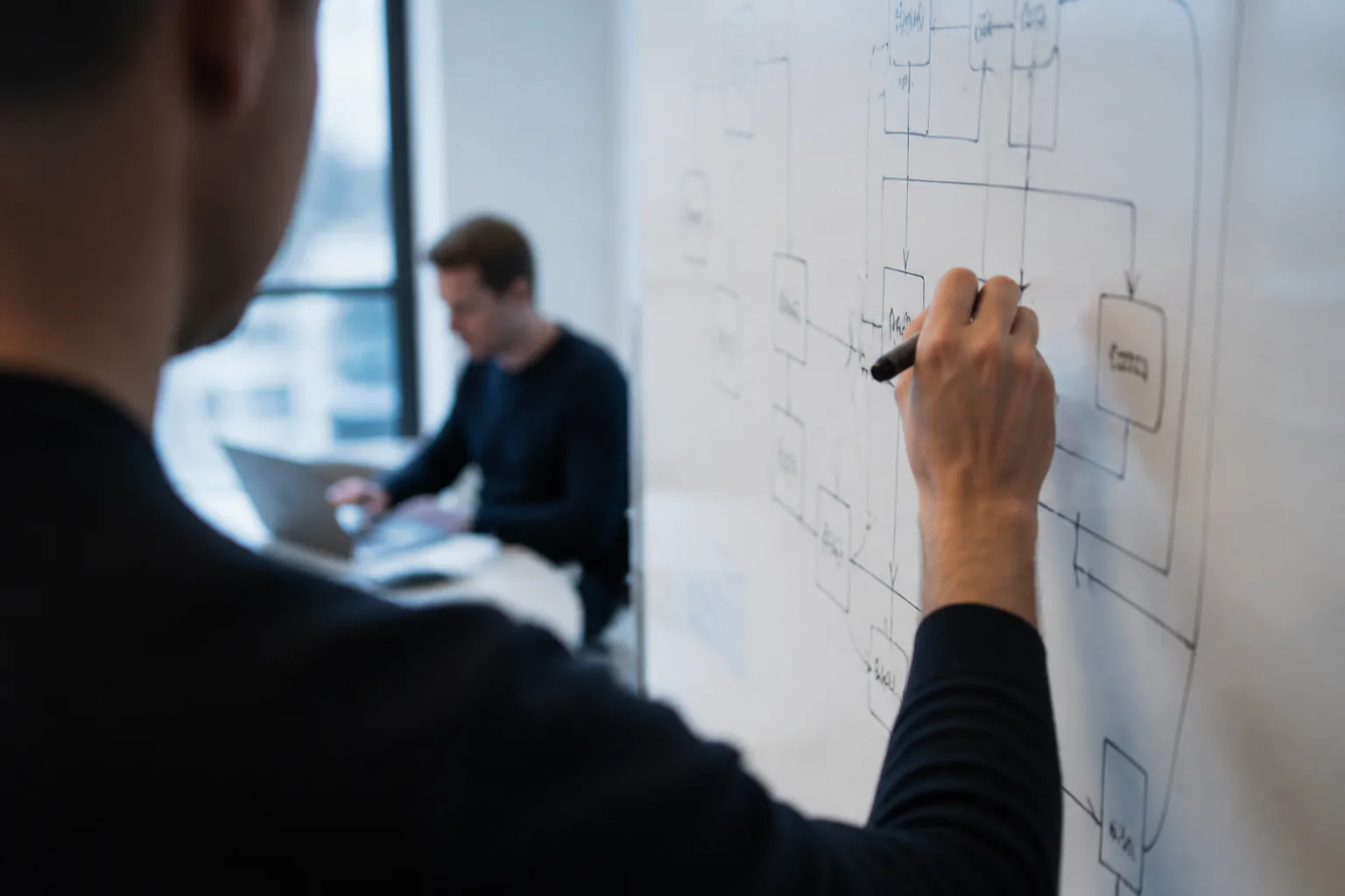 Two colleagues discussing a printed system plan with code visible on monitors behind them.