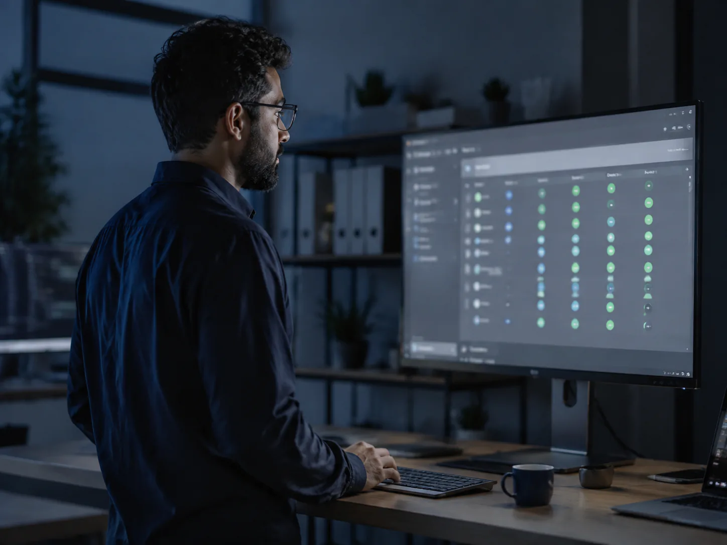 Engineer monitoring a deployment status screen in a dim workspace.