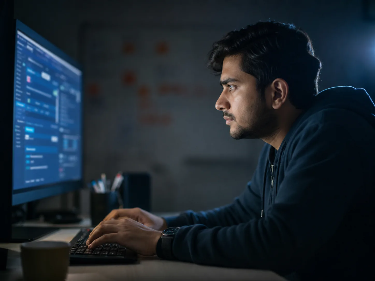 Developer building a web application at a monitor in a focused workspace.