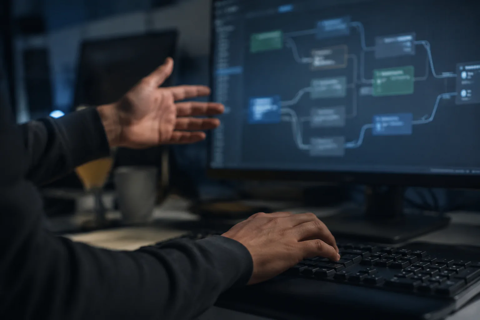 Hands at a keyboard with a workflow diagram on a monitor, representing workflow automation.
