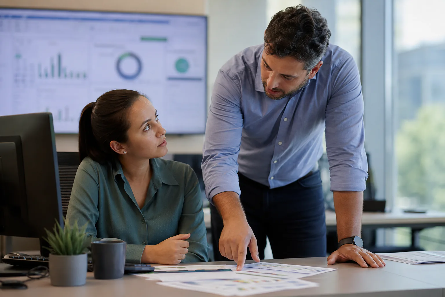 Operations colleagues discussing a schedule beside a monitor, representing business application development.