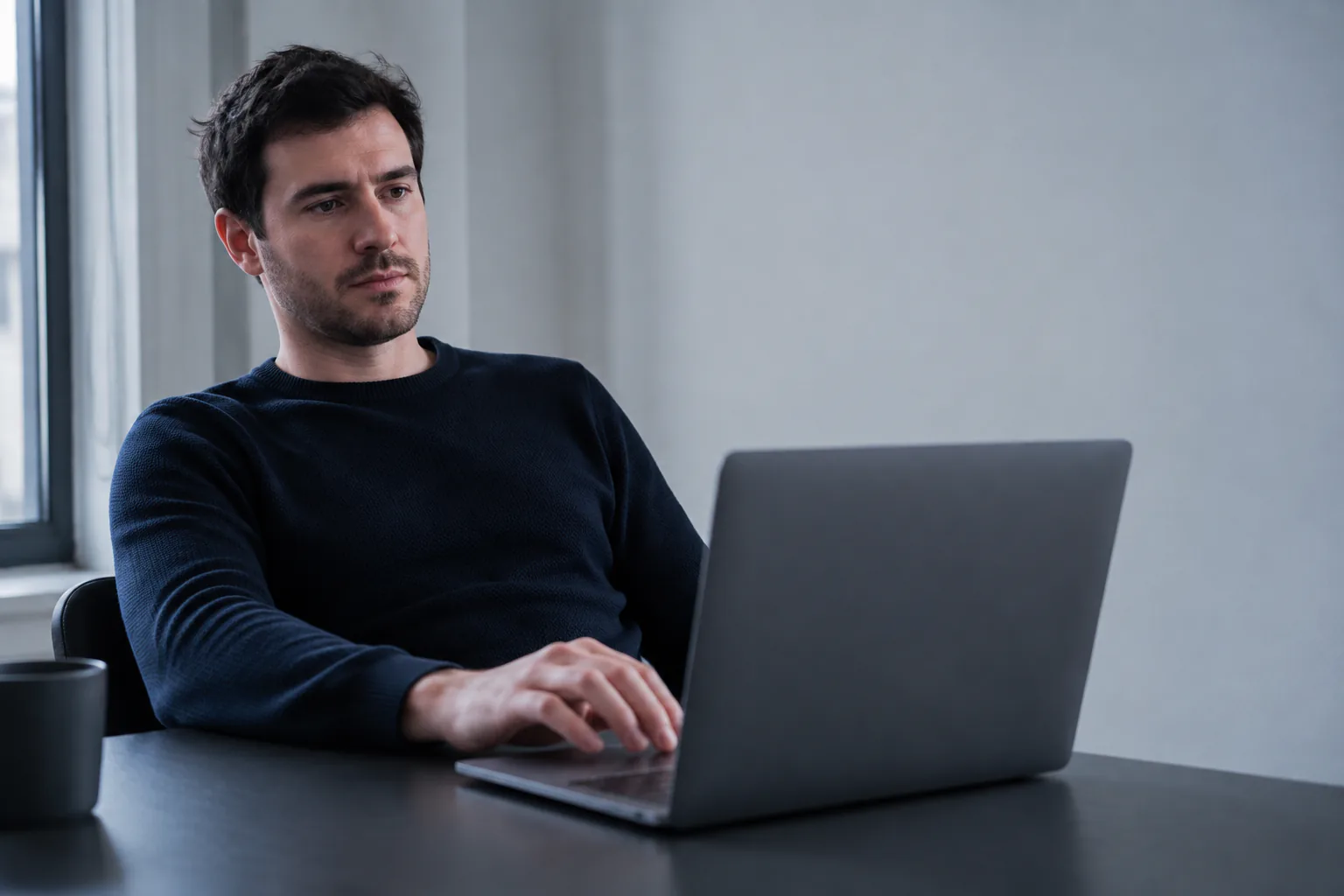 Developer at a laptop considering the next step in a software build.