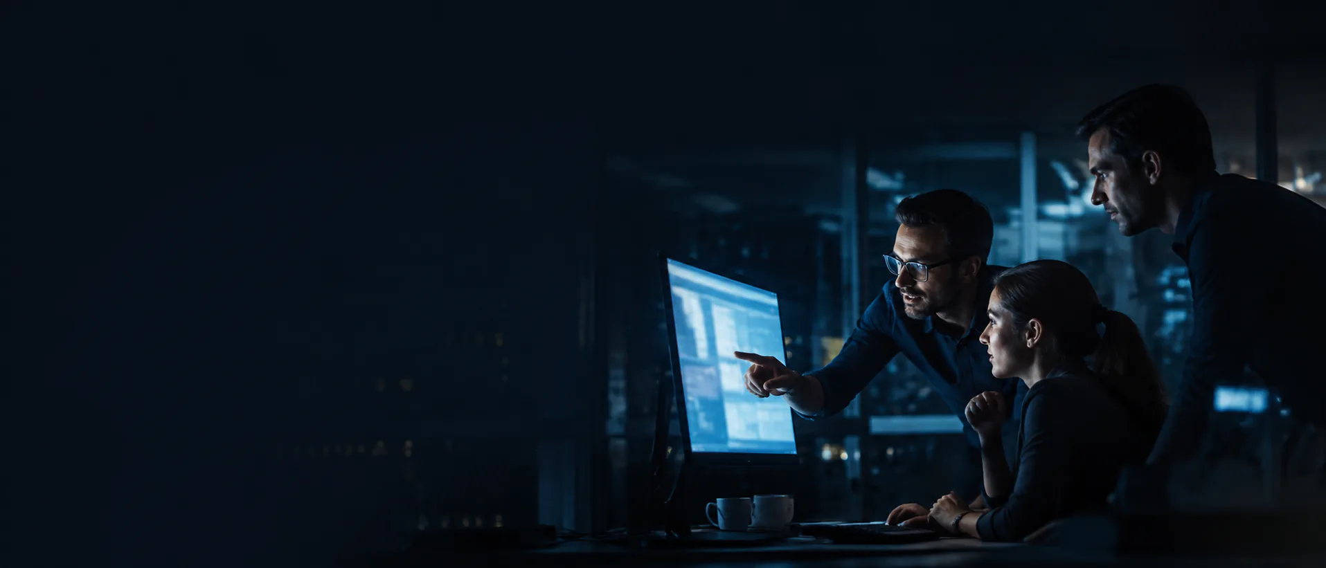 Two software engineers reviewing work together at dual monitors in a dim studio.
