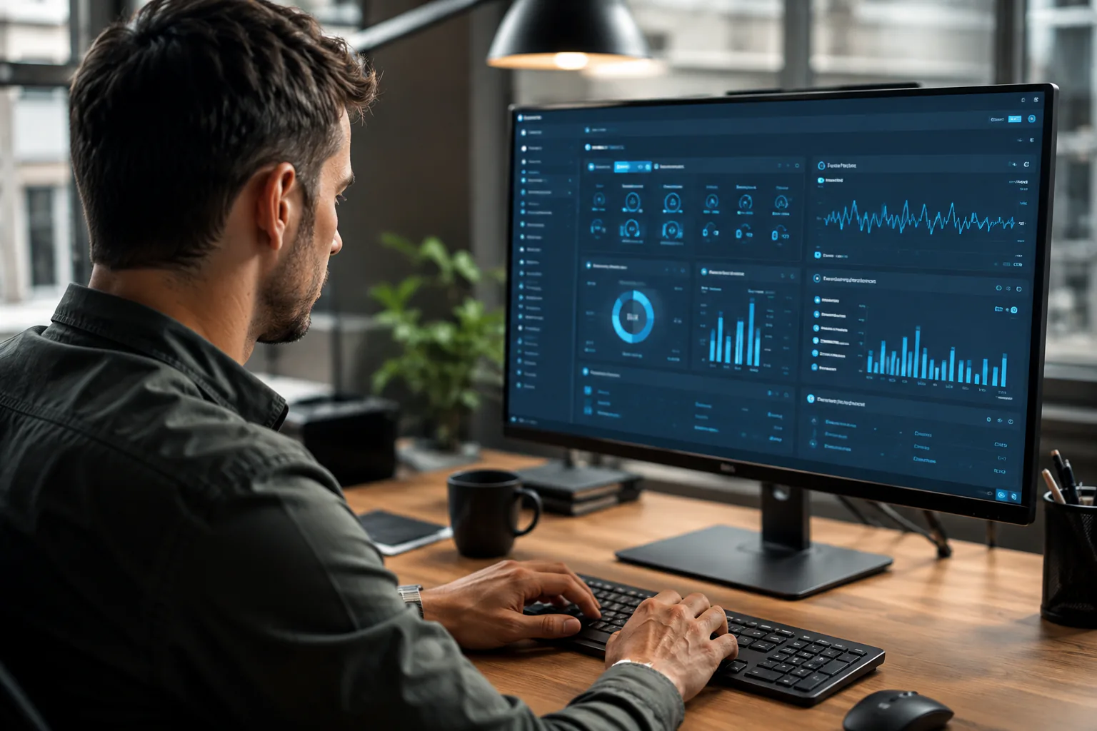 Engineers reviewing a web application on dual monitors during custom application development.